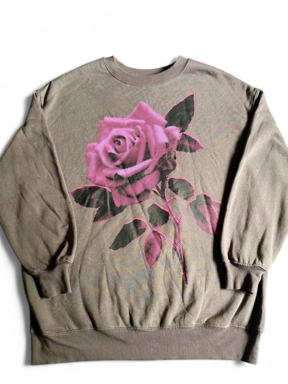 Rebellious One Brown Pink Rose Graphic Oversized Sweatshirt, Small